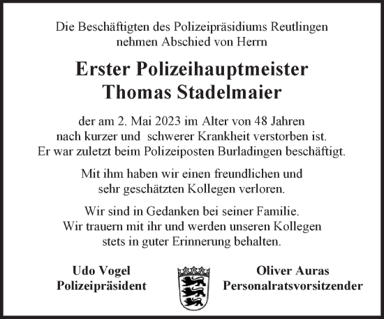 Traueranzeige von Thomas Stadelmaier von Metzinger-Uracher Volksblatt