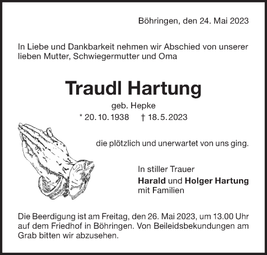 Traueranzeige von Traudl Hartung von SÜDWEST PRESSE/SÜDWEST PRESSE