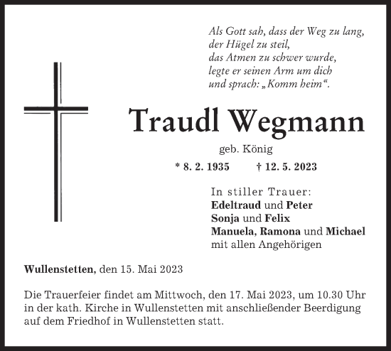 Traueranzeige von Traudl Wegmann von SÜDWEST PRESSE