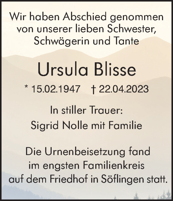 Traueranzeige von Ursula Blisse von SÜDWEST PRESSE