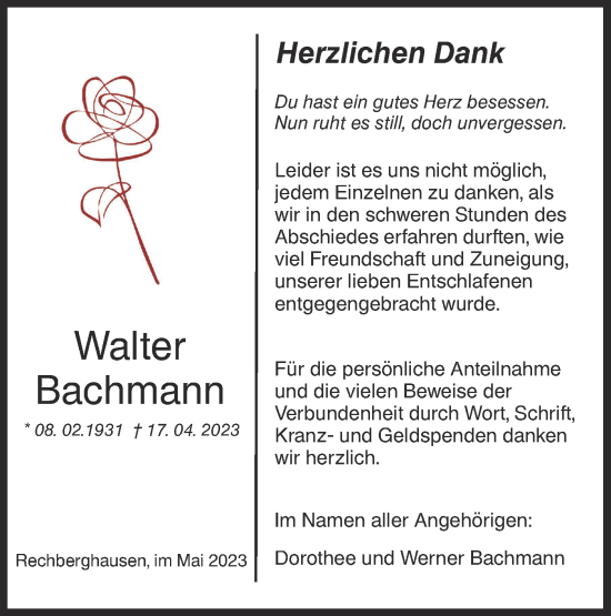 Traueranzeige von Walter Bachmann von NWZ Neue Württembergische Zeitung