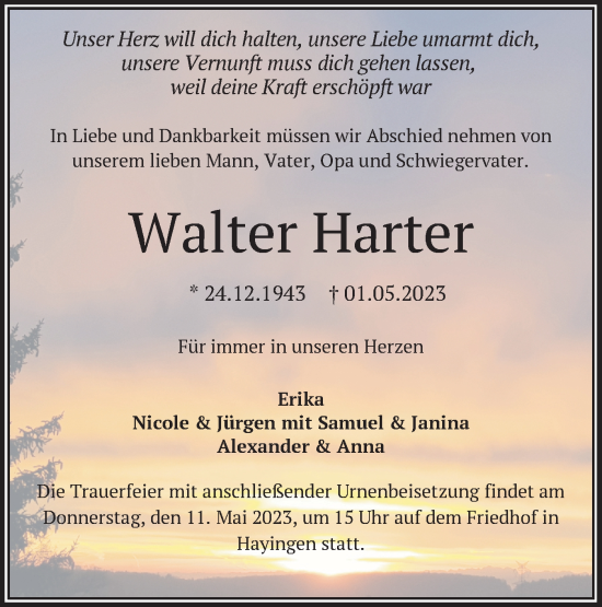 Traueranzeige von Walter Harter von Alb-Bote/Metzinger-Uracher Volksblatt