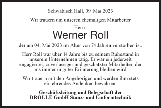 Traueranzeige von Werner Roll von Haller Tagblatt