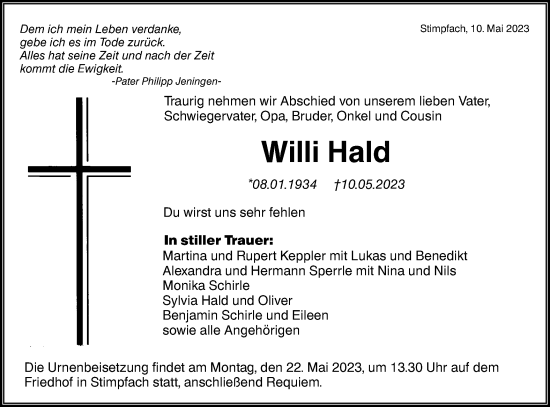 Traueranzeige von Willi Hald von Hohenloher Tagblatt