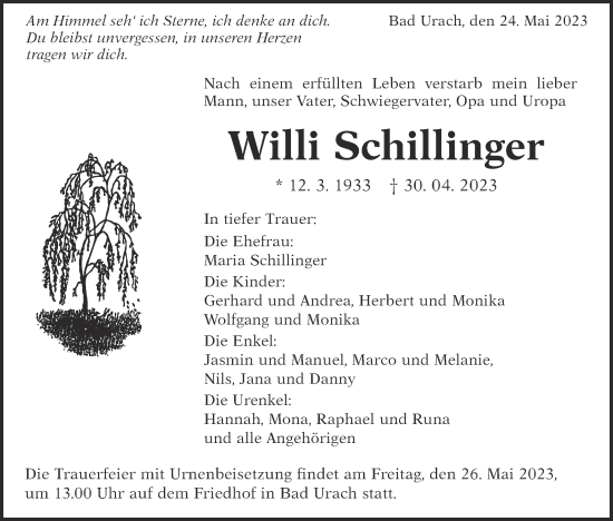 Traueranzeige von Willi Schillinger von SÜDWEST PRESSE/SÜDWEST PRESSE