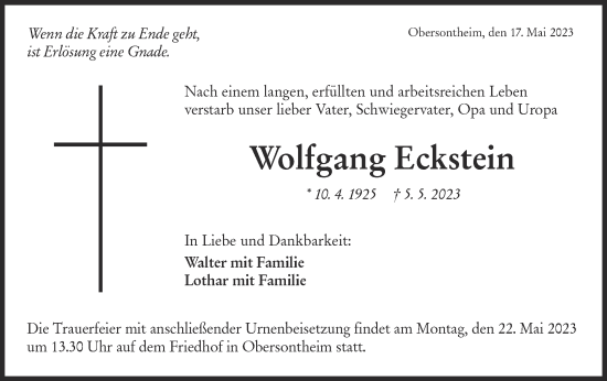 Traueranzeige von Wolfgang Eckstein von Haller Tagblatt