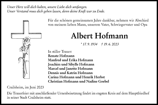 Traueranzeige von Albert Hofmann von Hohenloher Tagblatt