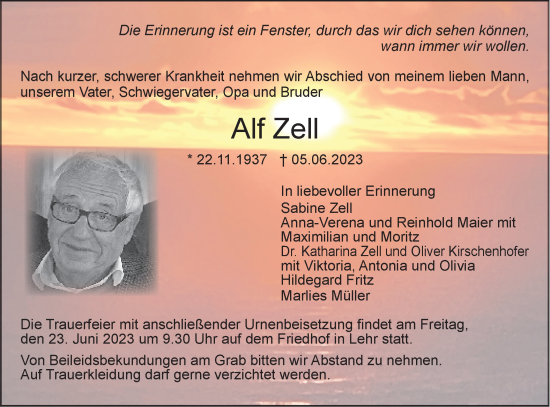 Traueranzeige von Alf Zell von SÜDWEST PRESSE Ausgabe Ulm/Neu-Ulm