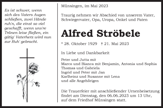 Traueranzeige von Alfred Ströbele von Alb-Bote/Metzinger-Uracher Volksblatt