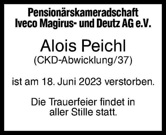 Traueranzeige von Alois Peichl von SÜDWEST PRESSE Ausgabe Ulm/Neu-Ulm