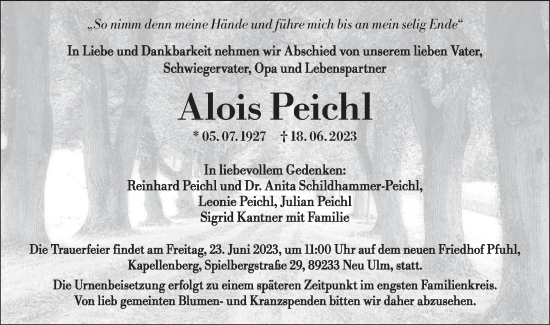 Traueranzeige von Alois Peichl von SÜDWEST PRESSE Ausgabe Ulm/Neu-Ulm