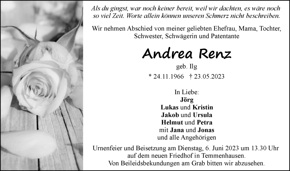 Traueranzeigen von Andrea Renz | Südwest Presse Trauer