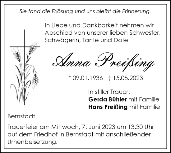 Traueranzeige von Anna Preißing von SÜDWEST PRESSE Ausgabe Ulm/Neu-Ulm