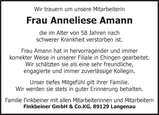 Traueranzeige von Anneliese Amann von Ehinger Tagblatt