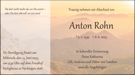 Traueranzeige von Anton Rohn von Hohenzollerische Zeitung