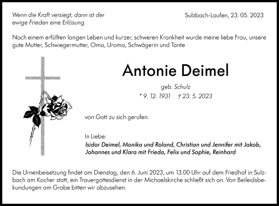 Traueranzeige von Antonie Deimel von Rundschau Gaildorf