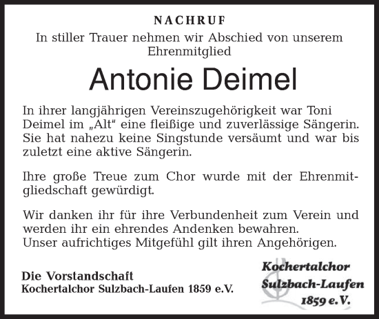 Traueranzeige von Antonie Deimel von Rundschau Gaildorf