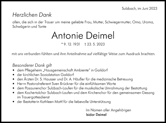 Traueranzeige von Antonie Deimel von Rundschau Gaildorf