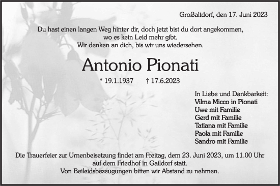 Traueranzeige von Antonio Pionati von Rundschau Gaildorf