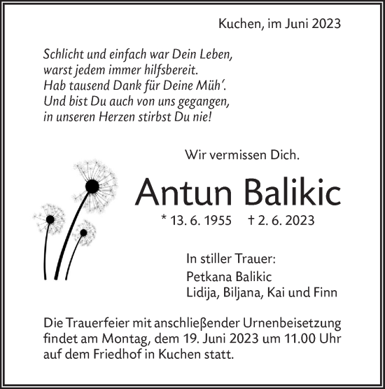 Traueranzeige von Antun Balikic von Geislinger Zeitung