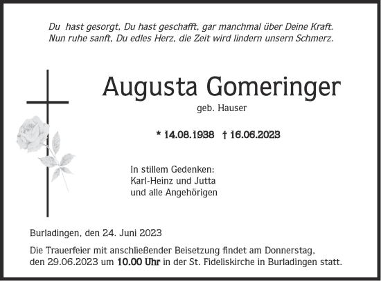 Traueranzeige von Augusta Gomeringer von Hohenzollerische Zeitung