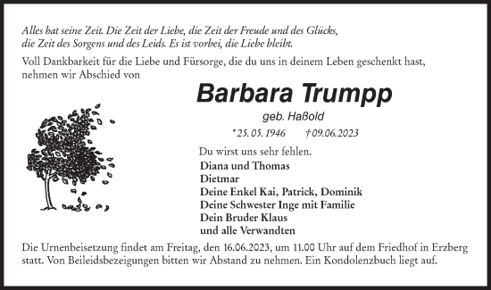 Traueranzeige von Barbara Trumpp von Hohenloher Tagblatt