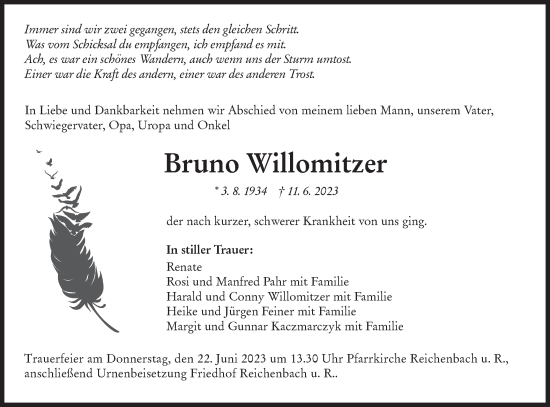 Traueranzeige von Bruno Willomitzer von NWZ Neue Württembergische Zeitung