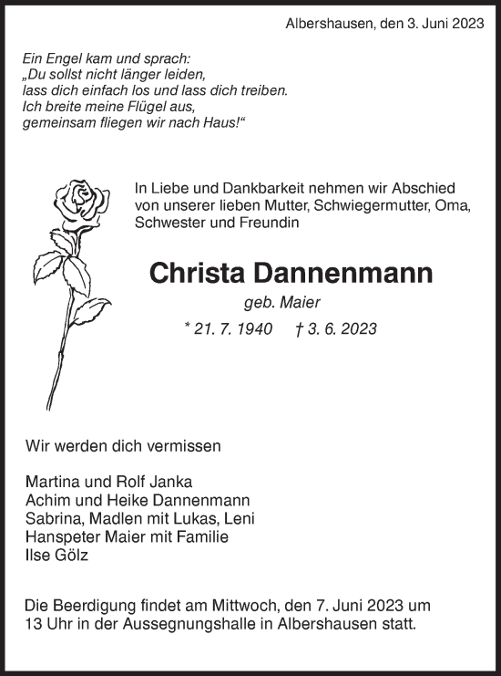 Traueranzeige von Christa Dannenmann von NWZ Neue Württembergische Zeitung