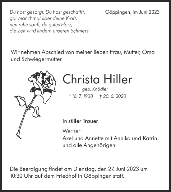 Traueranzeige von Christa Hiller von NWZ Neue Württembergische Zeitung