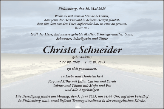 Traueranzeige von Christa Schneider von Rundschau Gaildorf