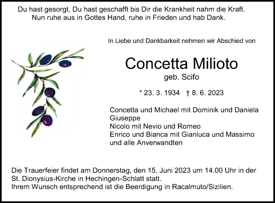 Traueranzeige von Concetta Milioto von Hohenzollerische Zeitung