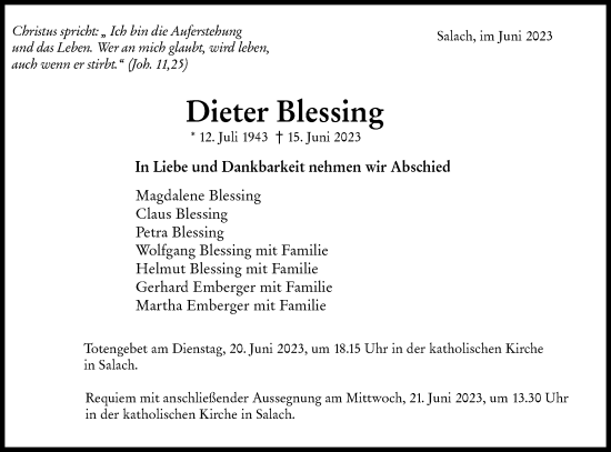 Traueranzeige von Dieter Blessing von NWZ Neue Württembergische Zeitung