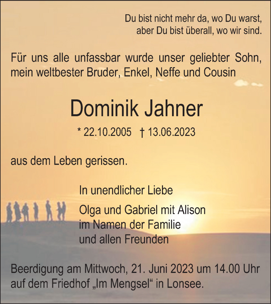  Traueranzeige für Dominik Jahner vom 17.06.2023 aus SÜDWEST PRESSE Ausgabe Ulm/Neu-Ulm