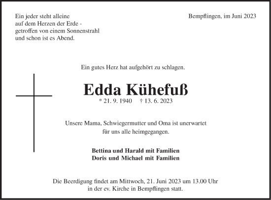 Traueranzeige von Edda Kühefuß von SÜDWEST PRESSE/SÜDWEST PRESSE