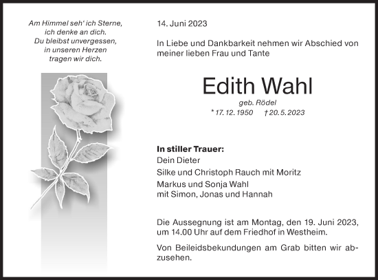 Traueranzeige von Edith Wahl von Haller Tagblatt