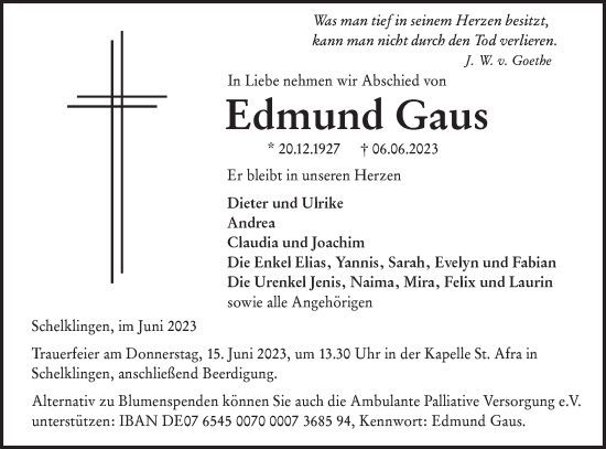 Traueranzeige von Edmund Gaus von Ehinger Tagblatt