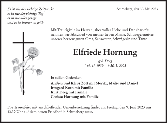 Traueranzeige von Elfriede Hornung von Hohenloher Tagblatt