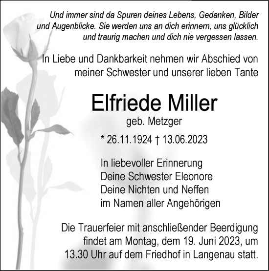 Traueranzeige von Elfriede Miller von SÜDWEST PRESSE Ausgabe Ulm/Neu-Ulm