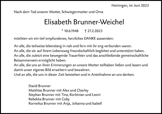 Traueranzeige von Elisabeth Brunner-Weichel von NWZ Neue Württembergische Zeitung