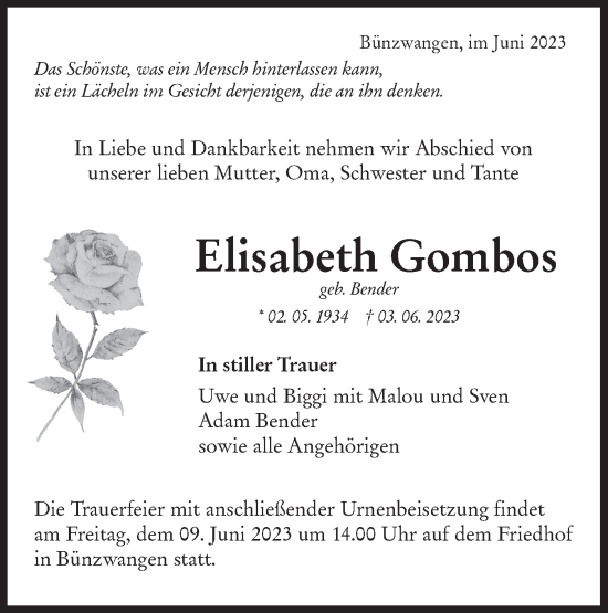 Traueranzeige von Elisabeth Gombos von NWZ Neue Württembergische Zeitung