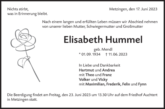 Traueranzeige von Elisabeth Hummel von SÜDWEST PRESSE/SÜDWEST PRESSE