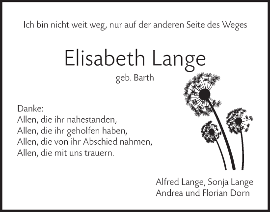 Traueranzeige von Elisabeth Lange von SÜDWEST PRESSE Ausgabe Ulm/Neu-Ulm