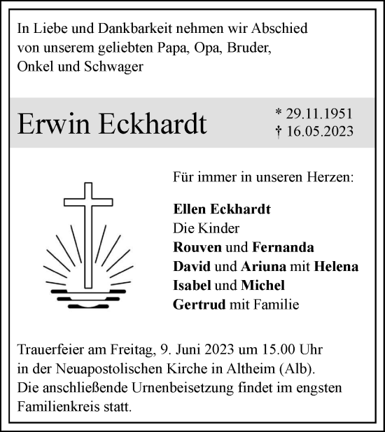 Traueranzeige von Erwin Eckhardt von SÜDWEST PRESSE Ausgabe Ulm/Neu-Ulm