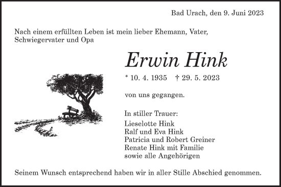 Traueranzeige von Erwin Hink von SÜDWEST PRESSE/SÜDWEST PRESSE