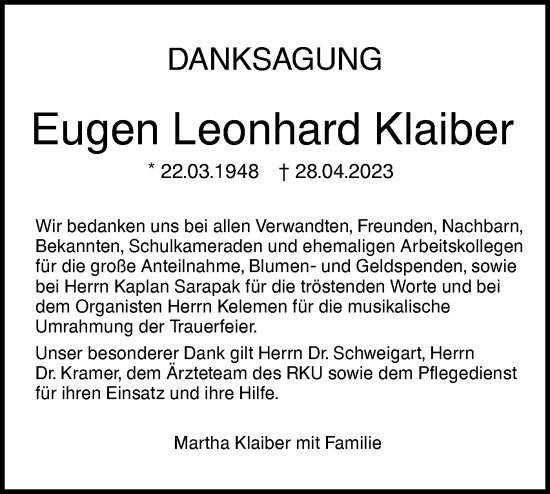 Traueranzeige von Eugen Leonhard Klaiber von SÜDWEST PRESSE Ausgabe Ulm/Neu-Ulm