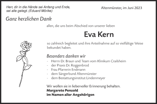 Traueranzeige von Eva Kern von Hohenloher Tagblatt