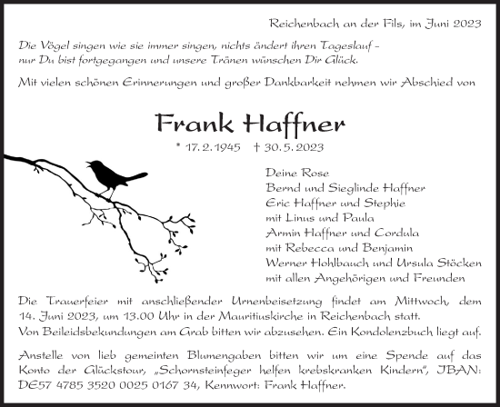 Traueranzeige von Frank Haffner von NWZ Neue Württembergische Zeitung