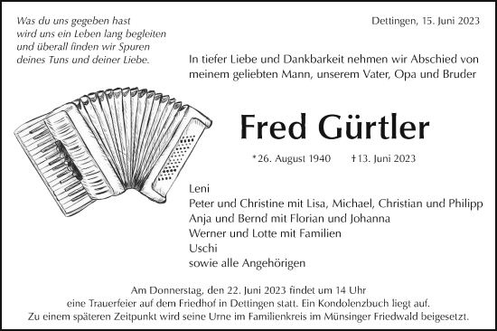 Traueranzeige von Fred Gürtler von SÜDWEST PRESSE/SÜDWEST PRESSE