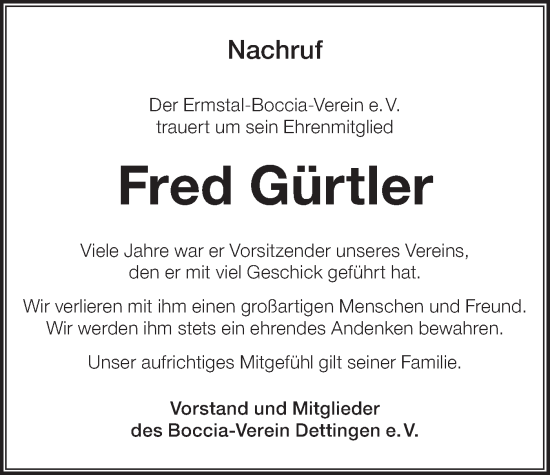 Traueranzeige von Fred Gürtler von SÜDWEST PRESSE/SÜDWEST PRESSE