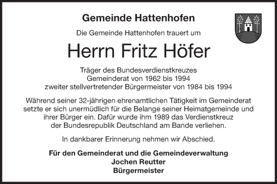 Traueranzeige von Fritz Höfer von NWZ Neue Württembergische Zeitung